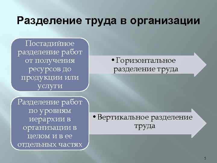 Разделение труда в организации Постадийное разделение работ от получения ресурсов до продукции или услуги