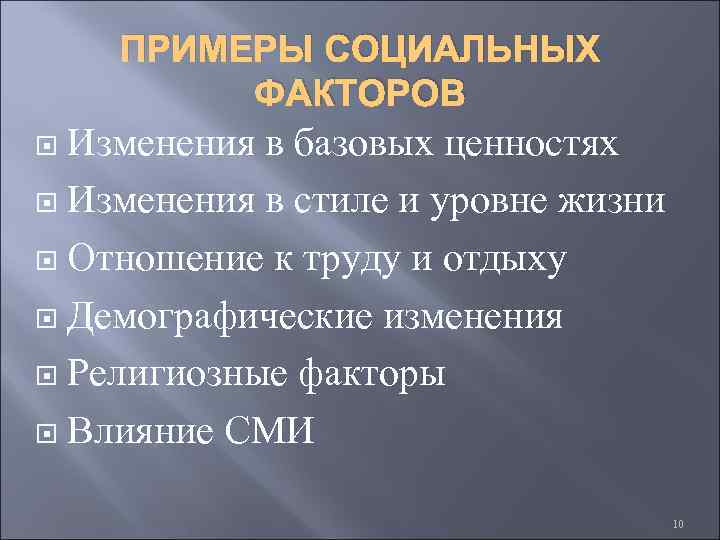 ПРИМЕРЫ СОЦИАЛЬНЫХ ФАКТОРОВ Изменения в базовых ценностях Изменения в стиле и уровне жизни Отношение