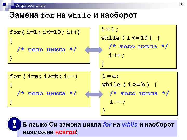 23 Операторы цикла Замена for на while и наоборот for( i=1; i<=10; i++) {