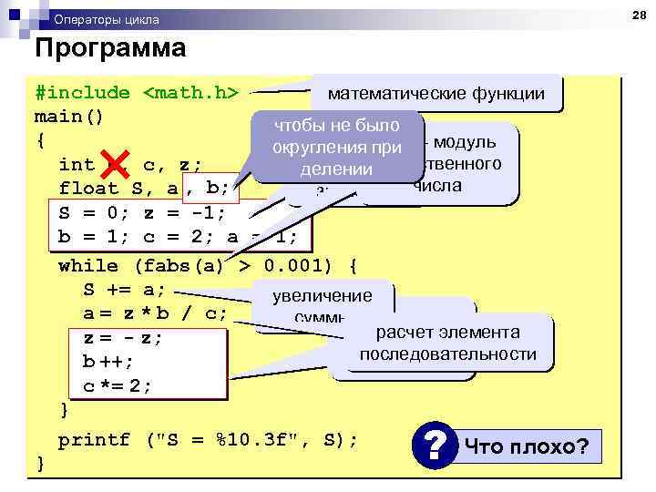 28 Операторы цикла Программа #include <math. h> математические функции main() чтобы не было {
