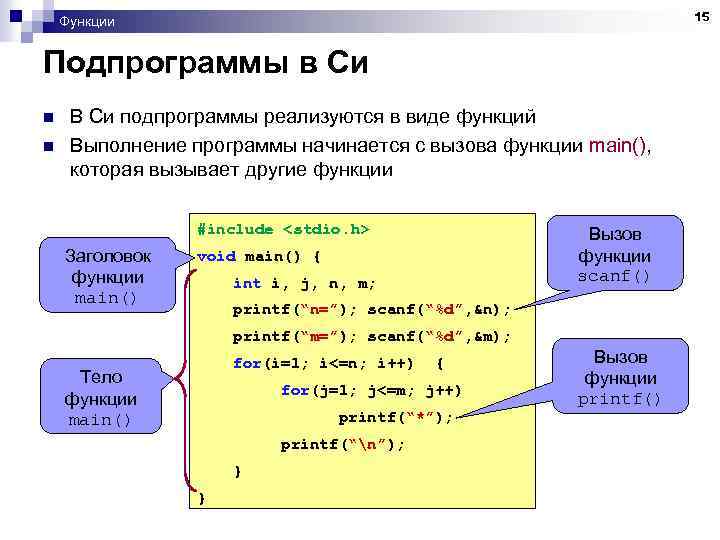 15 Функции Подпрограммы в Си n n В Си подпрограммы реализуются в виде функций