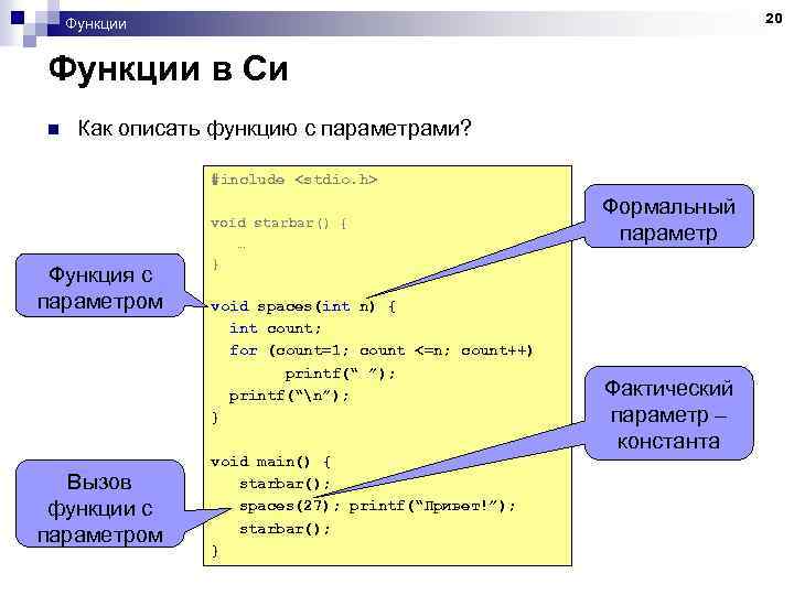 20 Функции в Си n Как описать функцию с параметрами? #include <stdio. h> Функция