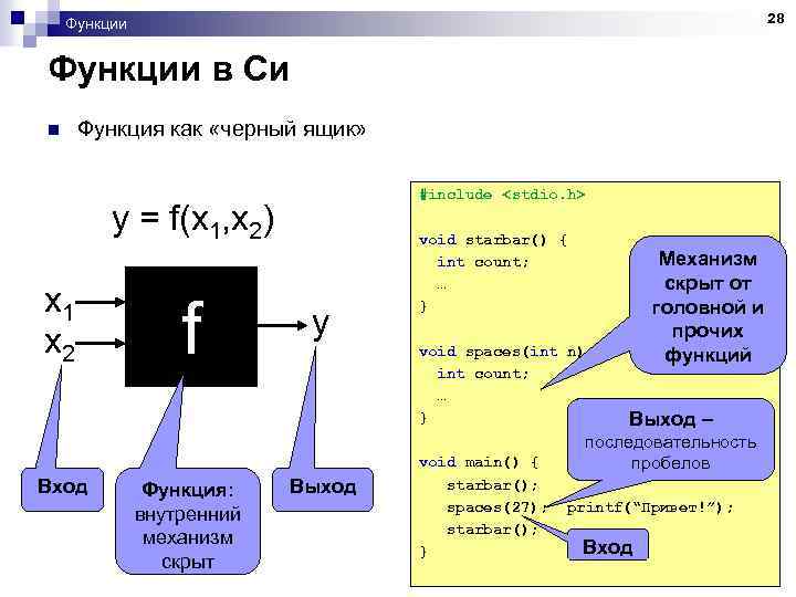 28 Функции в Си n Функция как «черный ящик» #include <stdio. h> y =