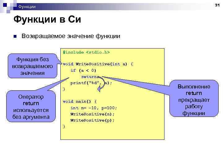 31 Функции в Си n Возвращаемое значение функции #include <stdio. h> Функция без возвращаемого