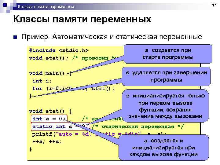 Классы памяти переменных n Пример. Автоматическая и статическая переменные s создается при #include <stdio.