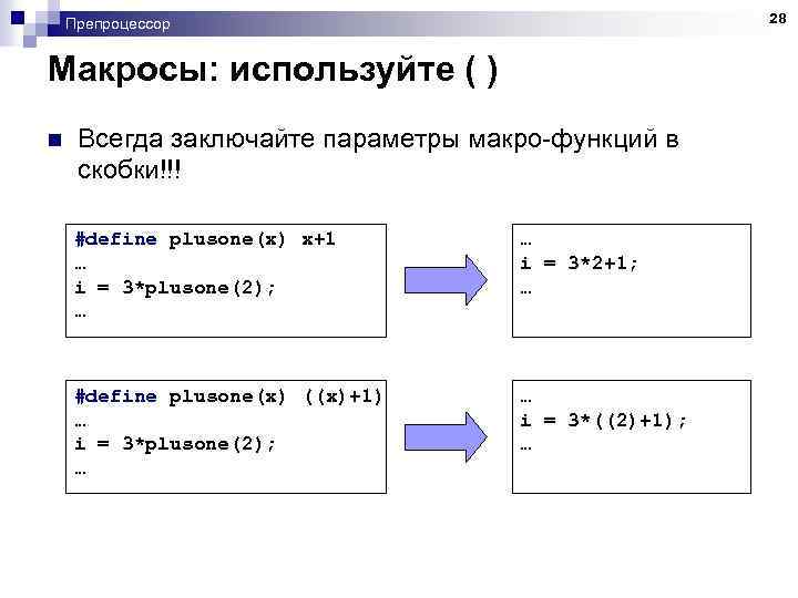 28 Препроцессор Макросы: используйте ( ) n Всегда заключайте параметры макро-функций в скобки!!! #define