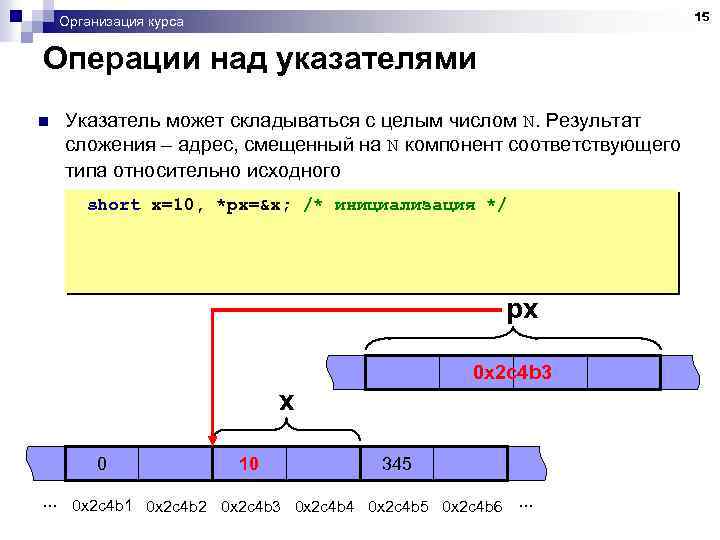 15 Организация курса Операции над указателями n Указатель может складываться с целым числом N.