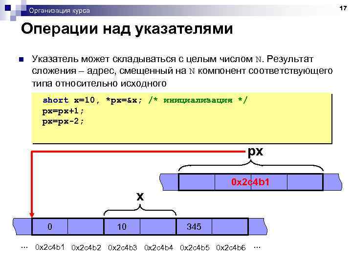 17 Организация курса Операции над указателями n Указатель может складываться с целым числом N.
