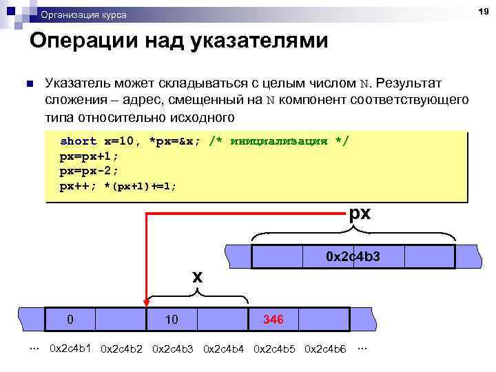 19 Организация курса Операции над указателями n Указатель может складываться с целым числом N.