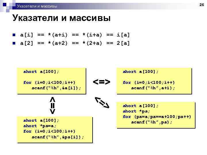 26 Указатели и массивы n n a[i] == *(a+i) == *(i+a) == i[a] a[2]