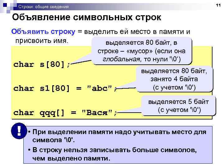 11 Строки: общие сведения Объявление символьных строк Объявить строку = выделить ей место в