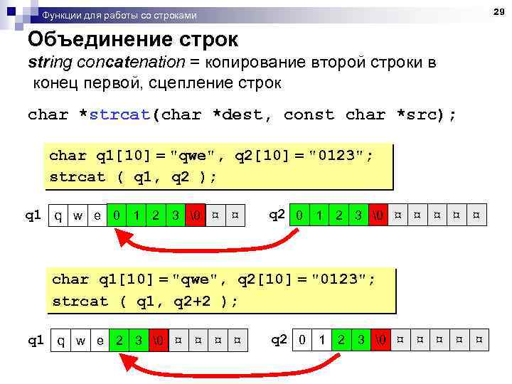 29 Функции для работы со строками Объединение строк string concatenation = копирование второй строки