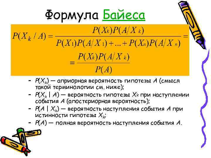 Формула Байеса – P(Xk) — априорная вероятность гипотезы A (смысл такой терминологии см. ниже);