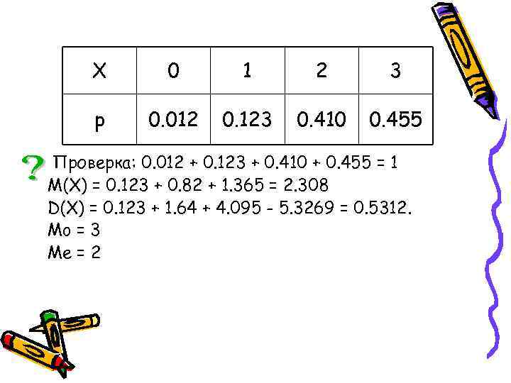 X 0 1 2 3 p 0. 012 0. 123 0. 410 0. 455