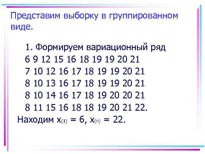 Представим выборку в группированном виде. 1. Формируем вариационный ряд 6 9 12 15 16