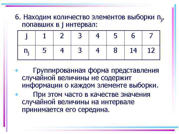 6. Находим количество элементов выборки nj, попавших в j интервал: j 2 3 4