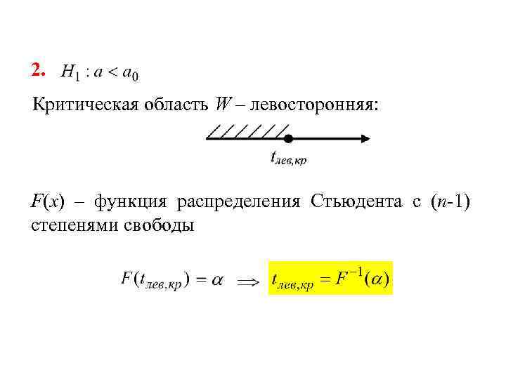 2. Критическая область W – левосторонняя: F(x) – функция распределения Стьюдента с (n-1) степенями