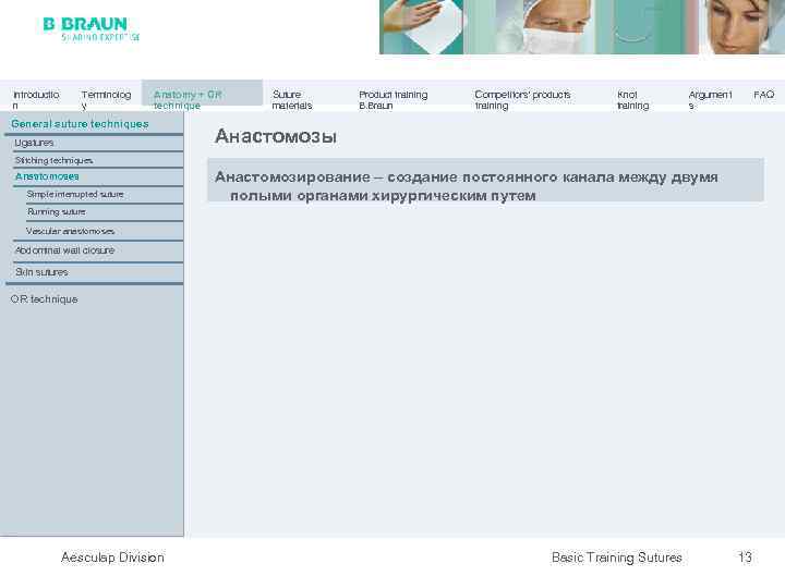 Introductio n Terminolog y Anatomy + OR technique General suture techniques Ligatures Suture materials