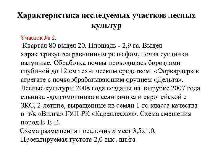 Характеристика исследуемых участков лесных культур Участок № 2. Квартал 80 выдел 20. Площадь -