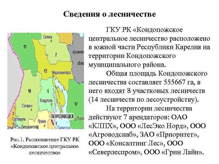 Сведения о лесничестве Рис. 1. Расположение ГКУ РК «Кондопожское центральное лесничество» ГКУ РК «Кондопожское