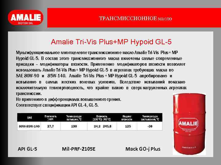ТРАНСМИССИОННОЕ масло Amalie Tri-Vis Plus+MP Hypoid GL-5 Мультифункциональное многоцелевое трансмиссионное масло Amalie Tri-Vis Plus+