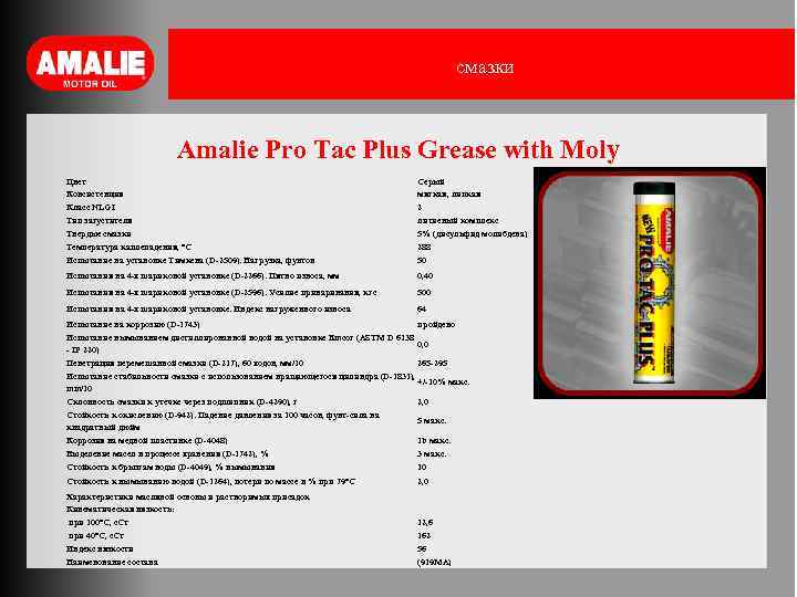 смазки Amalie Pro Tac Plus Grease with Moly Цвет Консистенция Класс NLGI Тип загустителя