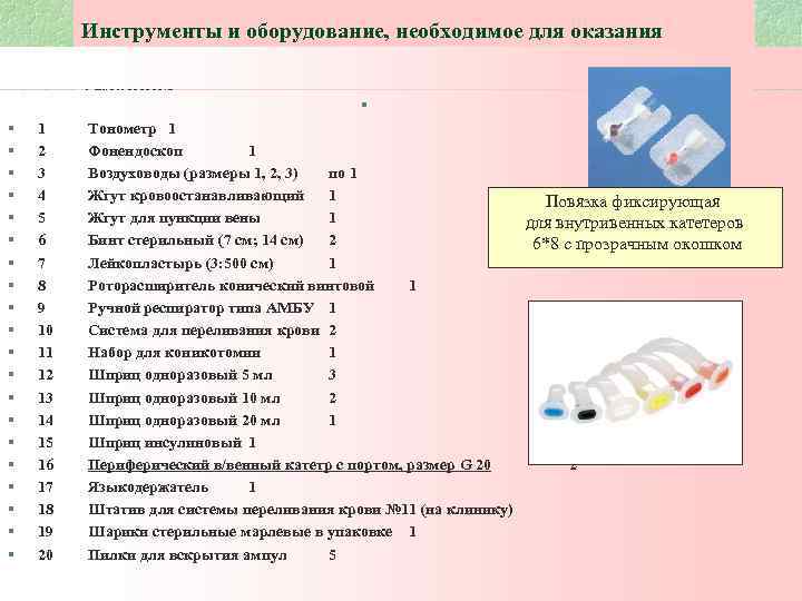 Инструменты и оборудование, необходимое для оказания неотложной медицинской помощи на приеме в амбулаторных условиях