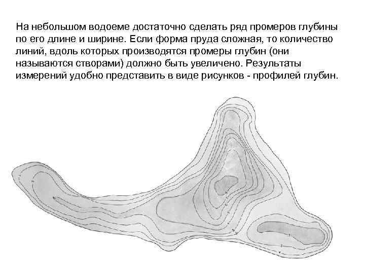 На небольшом водоеме достаточно сделать ряд промеров глубины по его длине и ширине. Если