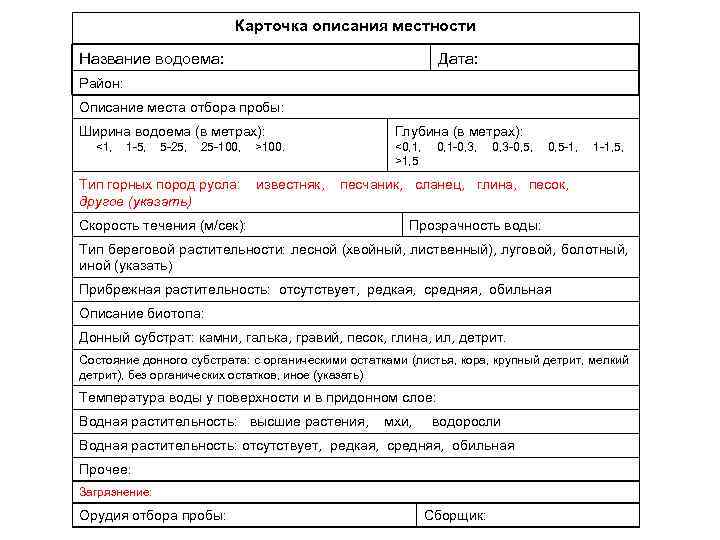 Карточка описания местности Название водоема: Дата: Район: Описание места отбора пробы: Ширина водоема (в