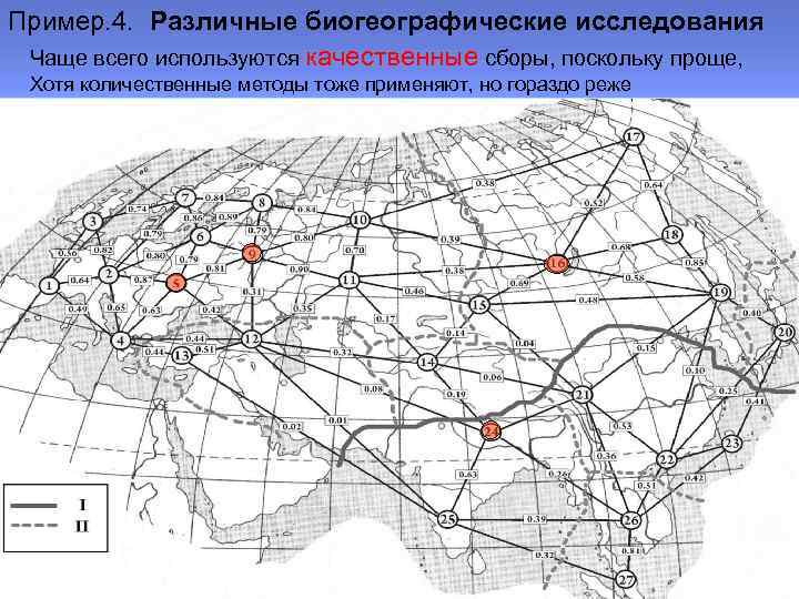 Пример. 4. Различные биогеографические исследования Чаще всего используются качественные сборы, поскольку проще, Хотя количественные