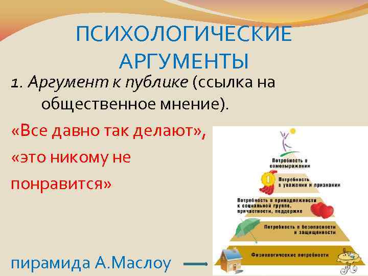 ПСИХОЛОГИЧЕСКИЕ АРГУМЕНТЫ 1. Аргумент к публике (ссылка на общественное мнение). «Все давно так делают»