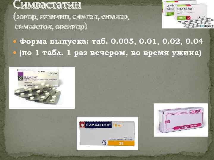 Симвастатин (зокор, вазилип, симгал, симвор, симвастол, овенкор) Форма выпуска: таб. 0. 005, 0. 01,