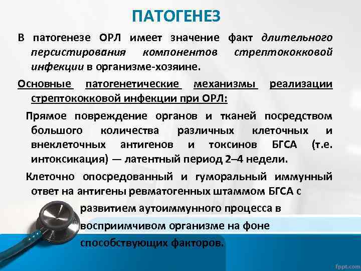 ПАТОГЕНЕЗ В патогенезе ОРЛ имеет значение факт длительного персистирования компонентов стрептококковой инфекции в организме-хозяине.