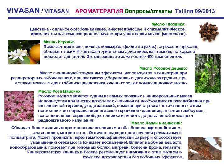 VIVASAN / VITASAN АРОМАТЕРАПИЯ Вопросы/ответы Tallinn 09/2013 Масло Гвоздика: Действие - сильное обезболивающее, анестезирующее