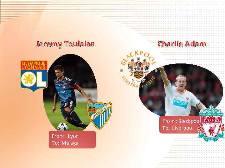 Jeremy Toulalan Charlie Adam From : Blackpool To: Liverpool From : Lyon To: Malaga