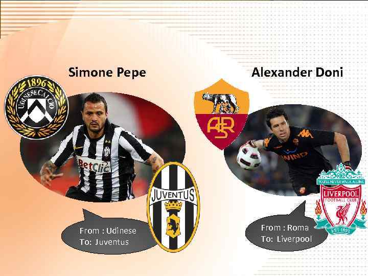 Simone Pepe From : Udinese To: Juventus Alexander Doni From : Roma To: Liverpool