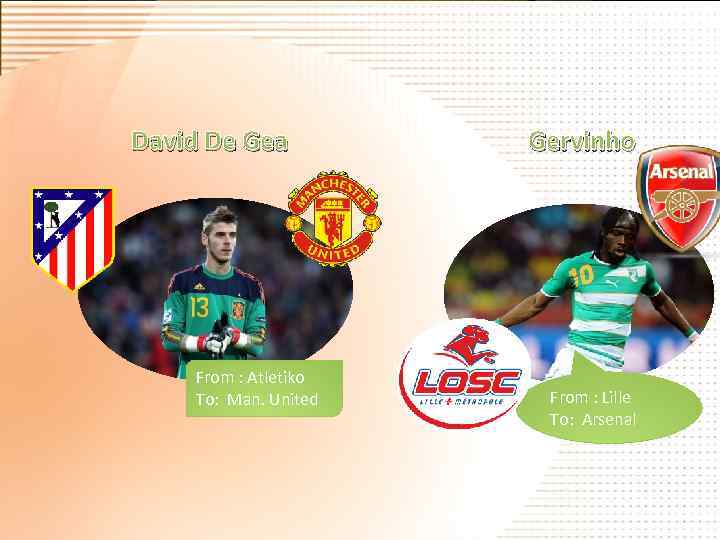 David De Gea From : Atletiko To: Man. United Gervinho From : Lille To: