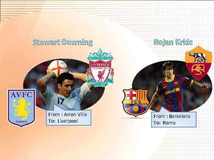 Stewart Downing From : Aston Villa To: Liverpool Bojan Krkic From : Barselona To: