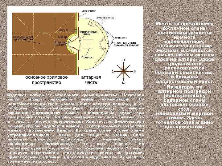 • Отделяет алтарь от остального храма иконостас. Некоторая часть алтаря находится перед иконостасом.
