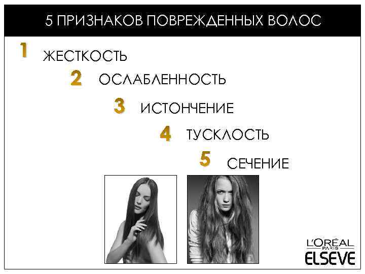 5 ПРИЗНАКОВ ПОВРЕЖДЕННЫХ ВОЛОС 1 ЖЕСТКОСТЬ 2 ОСЛАБЛЕННОСТЬ 3 ИСТОНЧЕНИЕ 4 ТУСКЛОСТЬ 5 СЕЧЕНИЕ