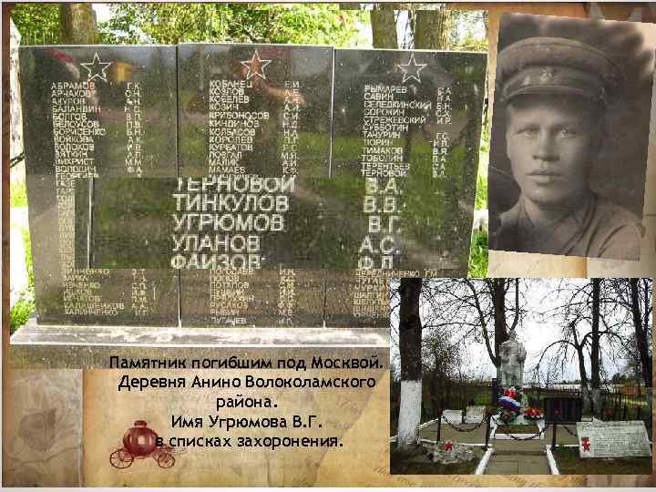 Памятник погибшим под Москвой. Деревня Анино Волоколамского района. Имя Угрюмова В. Г. в списках