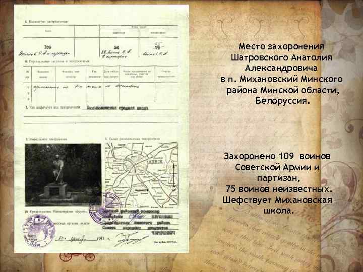 Место захоронения Шатровского Анатолия Александровича в п. Михановский Минского района Минской области, Белоруссия. Захоронено
