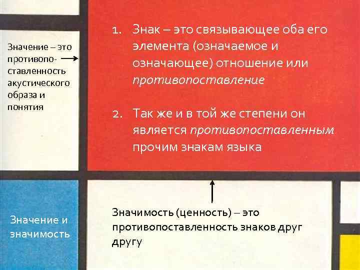 Значение – это противопоставленность акустического образа и понятия Значение и значимость 1. Знак –