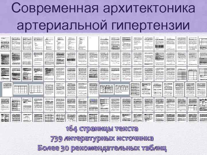 Современная архитектоника артериальной гипертензии 164 страницы текста 739 литературных источника Более 30 рекомендательных таблиц