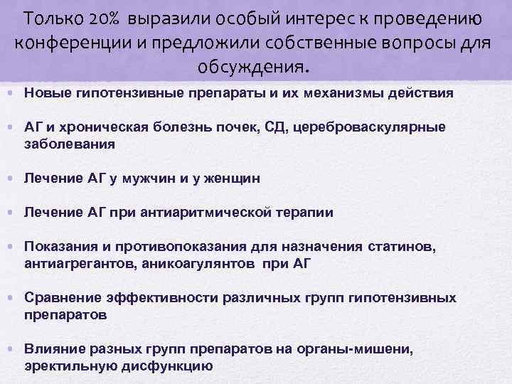 Только 20% выразили особый интерес к проведению конференции и предложили собственные вопросы для обсуждения.