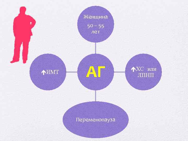 Женщина 50 – 55 лет ИМТ АГ Переменопауза ХС или ЛПНП 