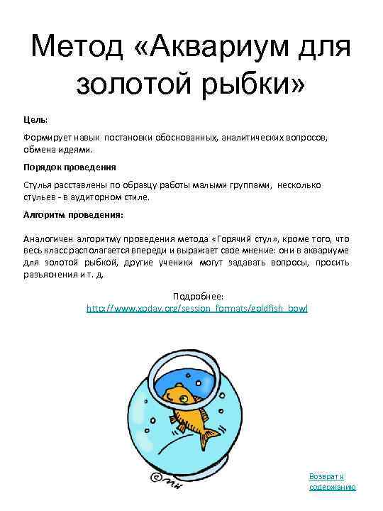 Метод «Аквариум для золотой рыбки» Цель: Формирует навык постановки обоснованных, аналитических вопросов, обмена идеями.