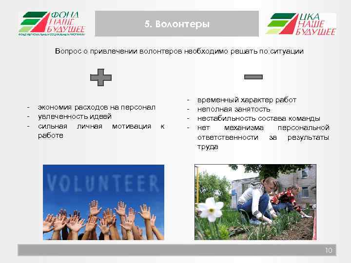 5. Волонтеры Вопрос о привлечении волонтеров необходимо решать по ситуации - экономия расходов на