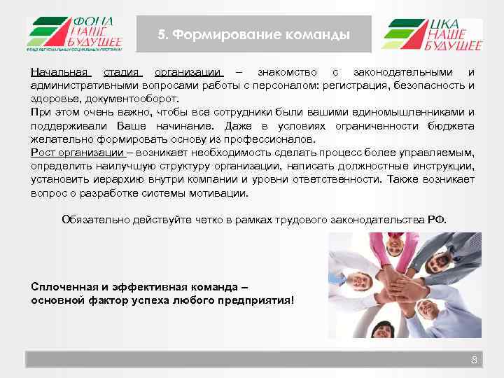 5. Формирование команды Начальная стадия организации – знакомство с законодательными и административными вопросами работы