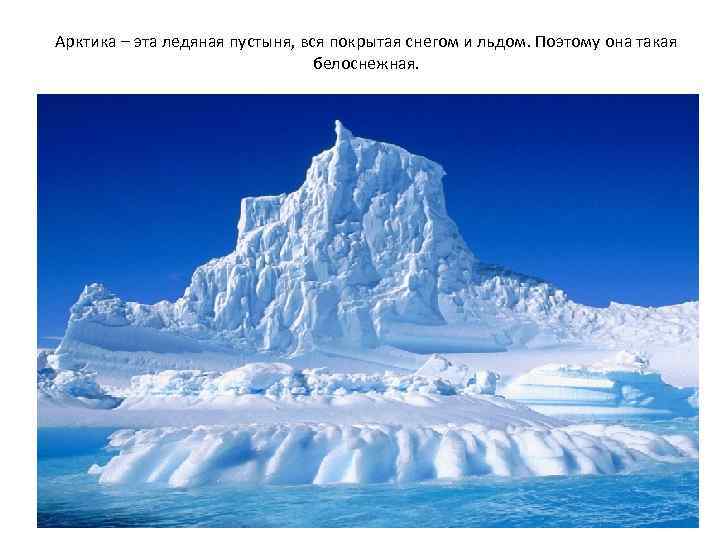 Арктика – эта ледяная пустыня, вся покрытая снегом и льдом. Поэтому она такая белоснежная.